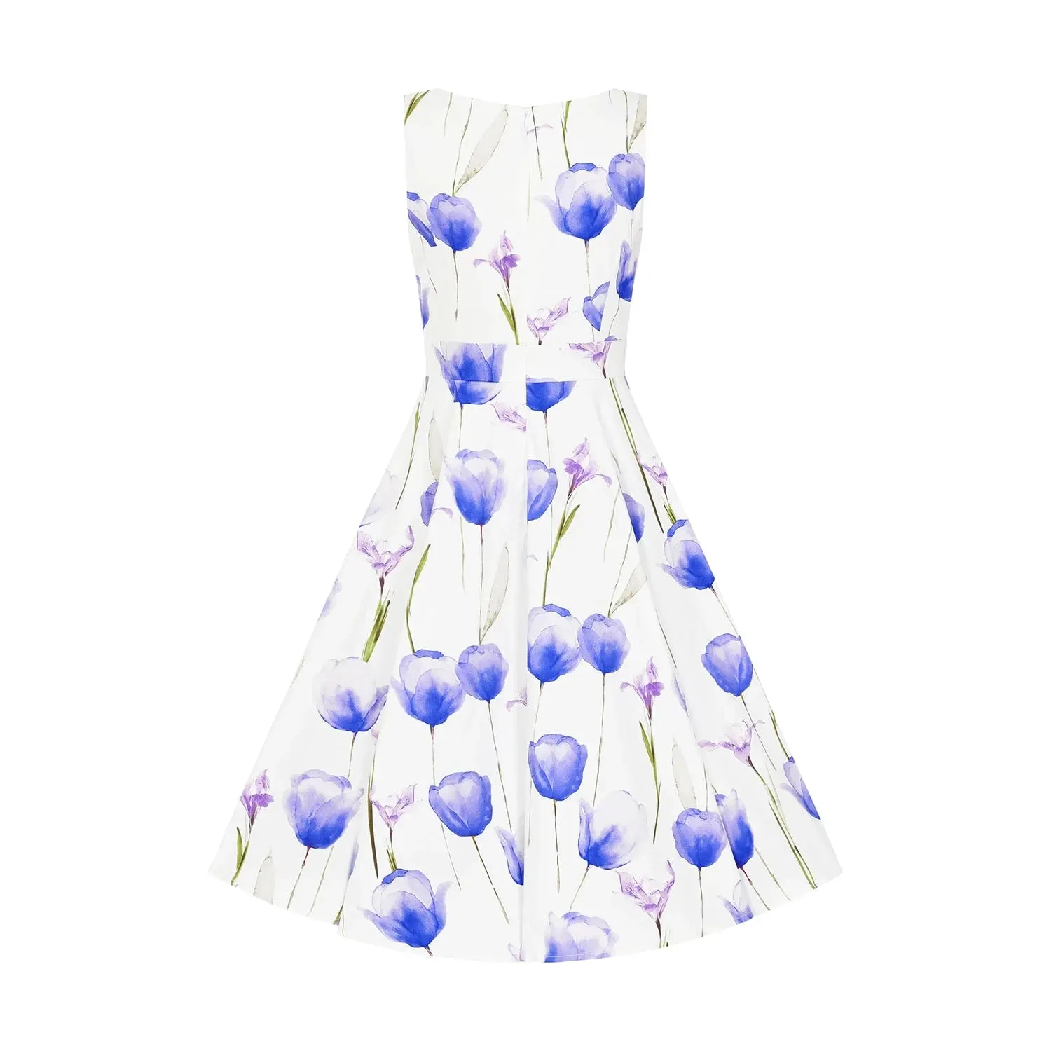 White & Purple Tulips Floral Print 50s Swing Dress