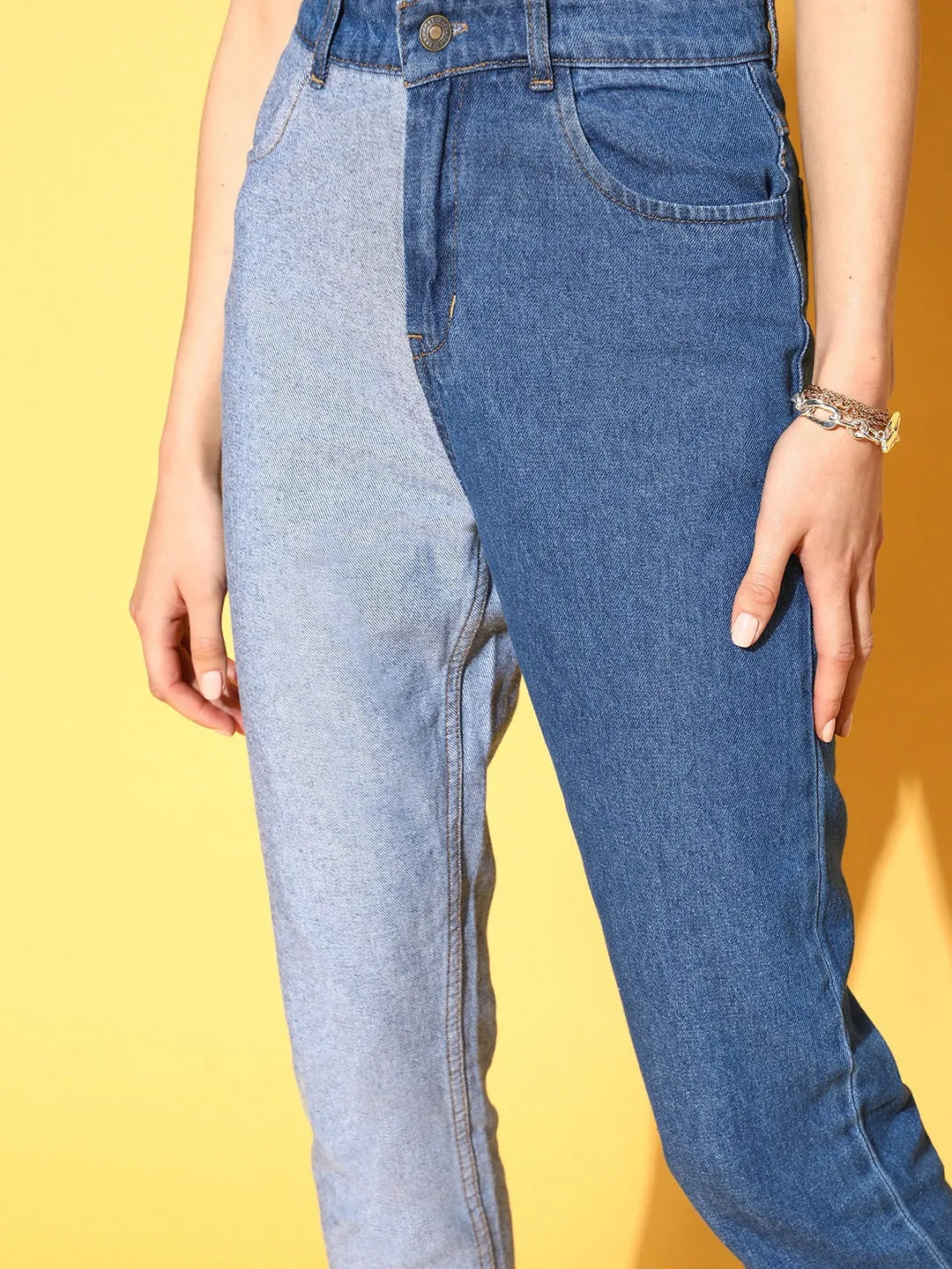 Women Blue & Navy Colour Block Slouchy Jeans