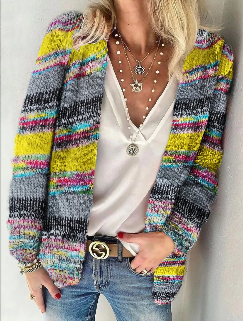 Women's Cardigans Printed Multicolor Striped Commuter Slim Cardigan