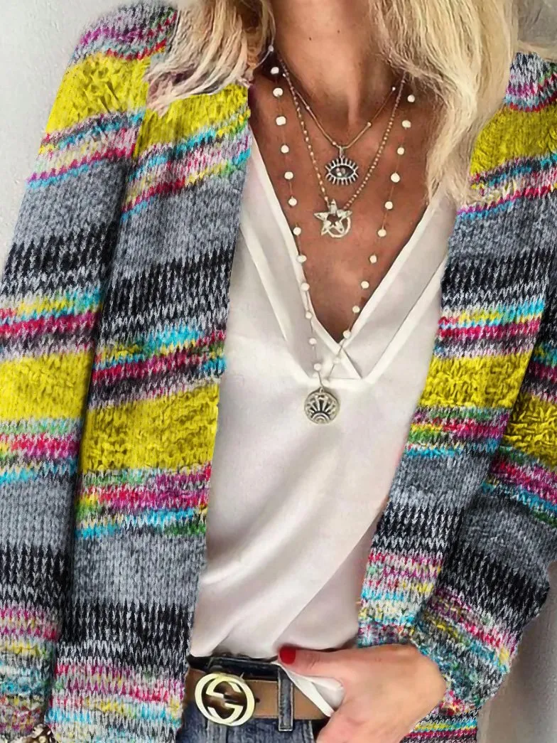 Women's Cardigans Printed Multicolor Striped Commuter Slim Cardigan