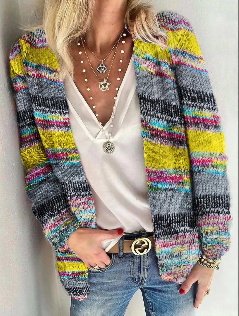 Women's Cardigans Printed Multicolor Striped Commuter Slim Cardigan