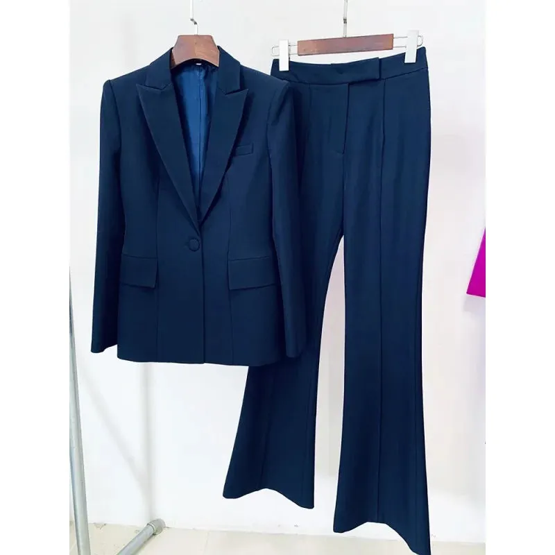 Women's Formal Single Button Full Sleeve Blazer Flare Pants Two Piece Suit Set