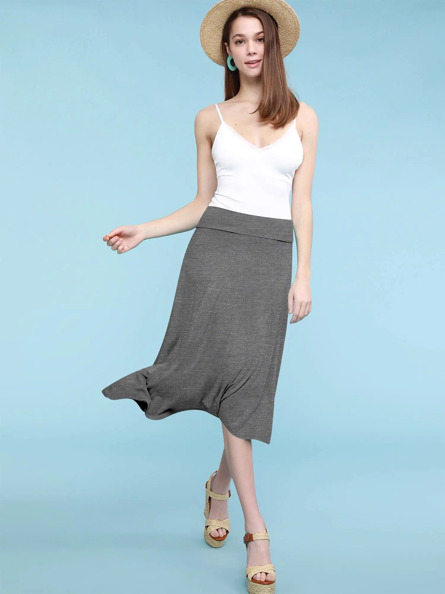 Women's Solid Lightweight Flare Midi Pull On Skirt