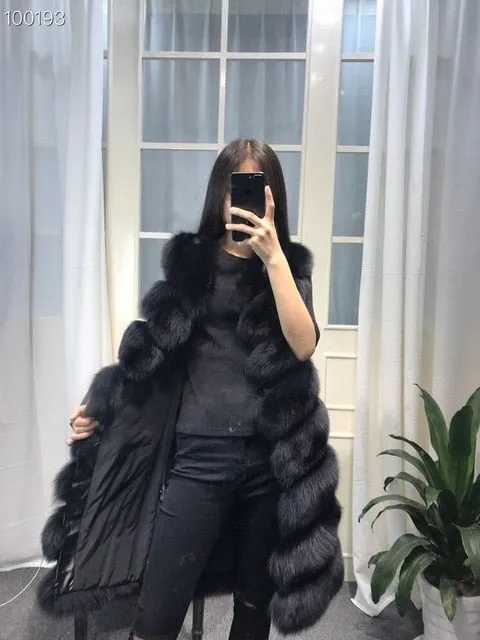 Womens Winter Fashion 2018 Natural Fox Fur Vest Real Fur Gilet 90CM Womens Real Fox Fur Vest Long Coat Ship by DHL 5 days