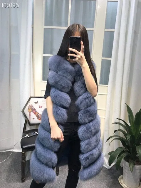 Womens Winter Fashion 2018 Natural Fox Fur Vest Real Fur Gilet 90CM Womens Real Fox Fur Vest Long Coat Ship by DHL 5 days