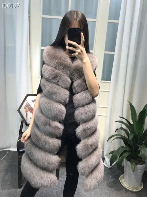 Womens Winter Fashion 2018 Natural Fox Fur Vest Real Fur Gilet 90CM Womens Real Fox Fur Vest Long Coat Ship by DHL 5 days