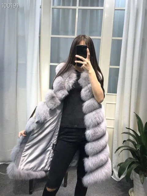 Womens Winter Fashion 2018 Natural Fox Fur Vest Real Fur Gilet 90CM Womens Real Fox Fur Vest Long Coat Ship by DHL 5 days