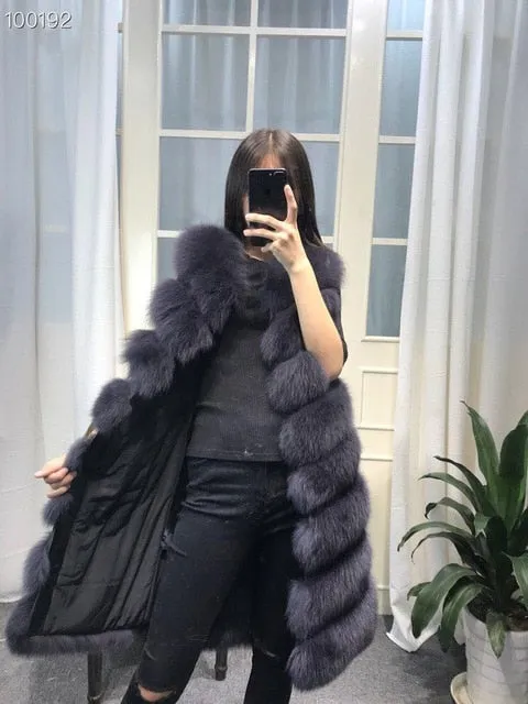 Womens Winter Fashion 2018 Natural Fox Fur Vest Real Fur Gilet 90CM Womens Real Fox Fur Vest Long Coat Ship by DHL 5 days