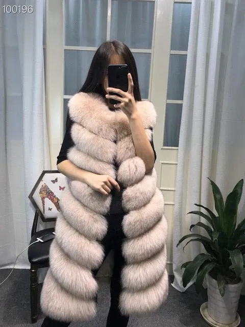 Womens Winter Fashion 2018 Natural Fox Fur Vest Real Fur Gilet 90CM Womens Real Fox Fur Vest Long Coat Ship by DHL 5 days