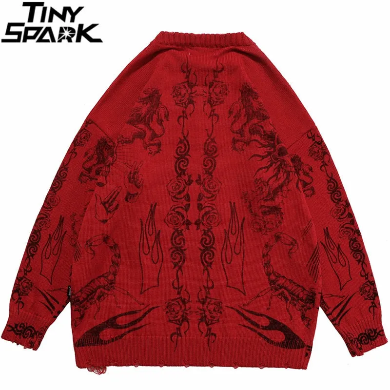 Xituodai 2022 Hip Hop Knitted Sweater Streetwear Rose Eye Scorpion Print Ripped Pullover Men Harajuku Cotton Casual Autumn Sweat