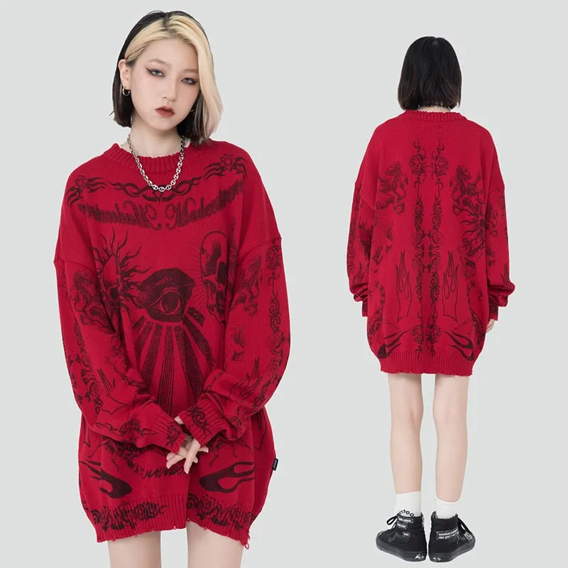 Xituodai 2022 Hip Hop Knitted Sweater Streetwear Rose Eye Scorpion Print Ripped Pullover Men Harajuku Cotton Casual Autumn Sweat