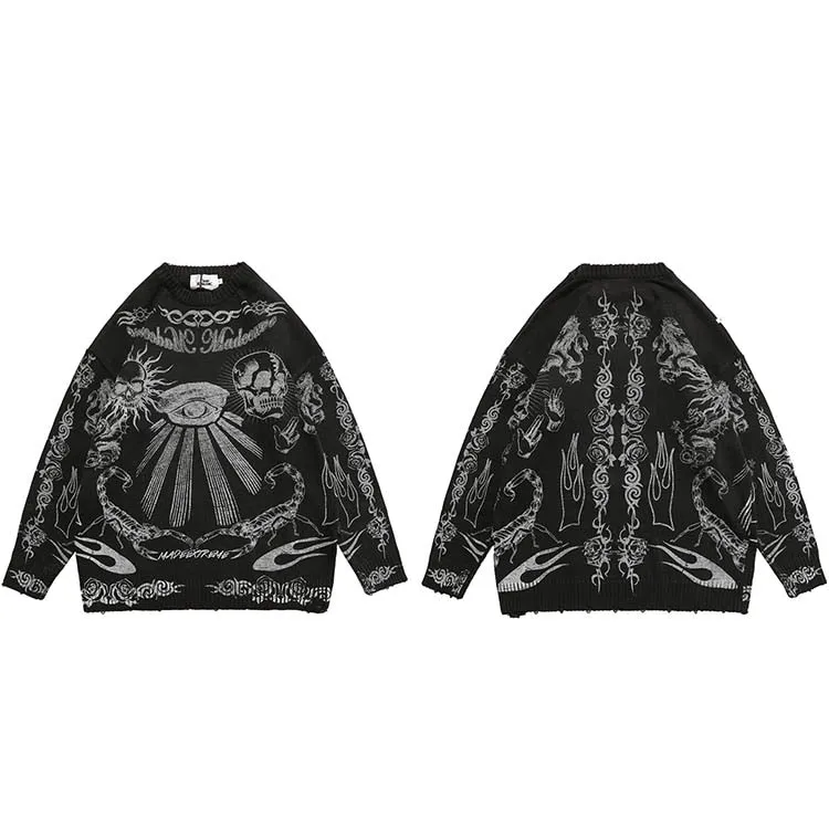 Xituodai 2022 Hip Hop Knitted Sweater Streetwear Rose Eye Scorpion Print Ripped Pullover Men Harajuku Cotton Casual Autumn Sweat