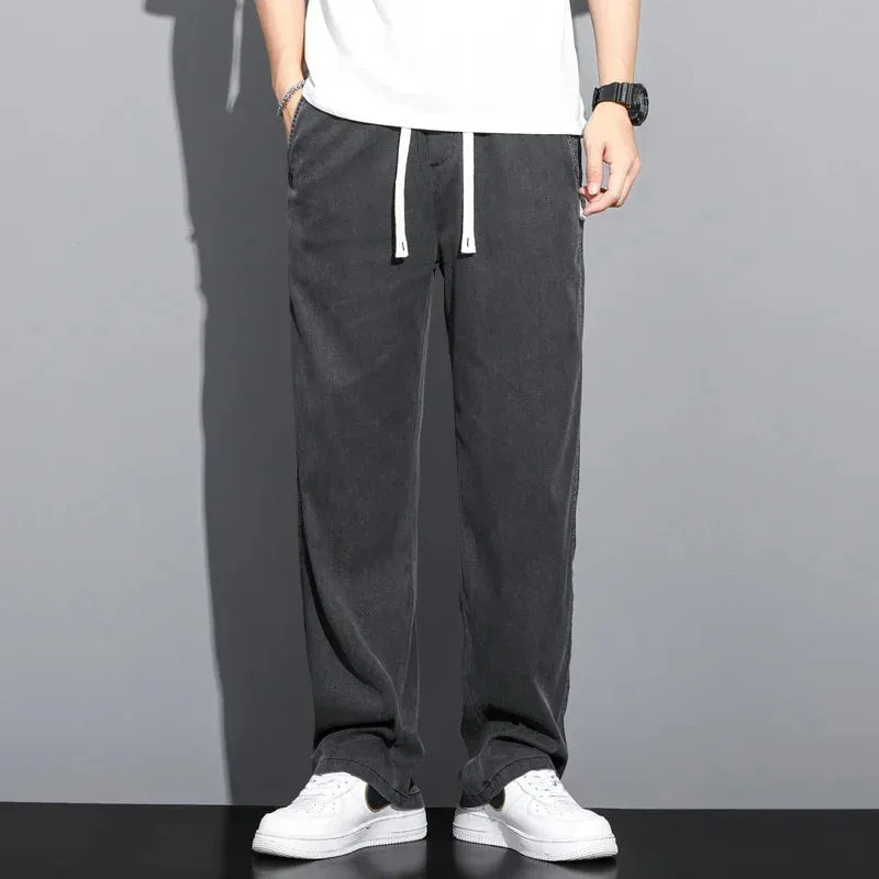 Xituodai S-5XL 6Style,Men's Loose Jeans Summer Soft Lyocell Thin Fabric Straight Pants Drawstring Elastic Waist Korea Casual Tro