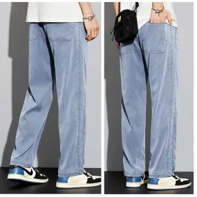 Xituodai S-5XL 6Style,Men's Loose Jeans Summer Soft Lyocell Thin Fabric Straight Pants Drawstring Elastic Waist Korea Casual Tro