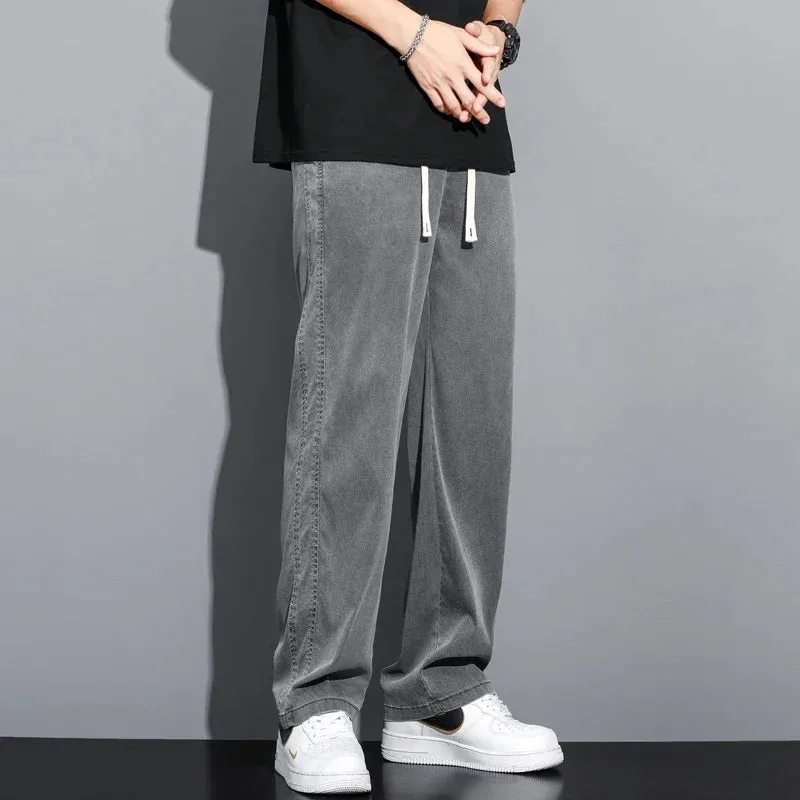 Xituodai S-5XL 6Style,Men's Loose Jeans Summer Soft Lyocell Thin Fabric Straight Pants Drawstring Elastic Waist Korea Casual Tro