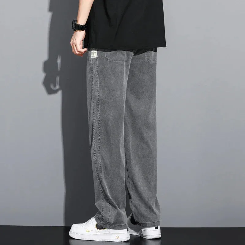 Xituodai S-5XL 6Style,Men's Loose Jeans Summer Soft Lyocell Thin Fabric Straight Pants Drawstring Elastic Waist Korea Casual Tro