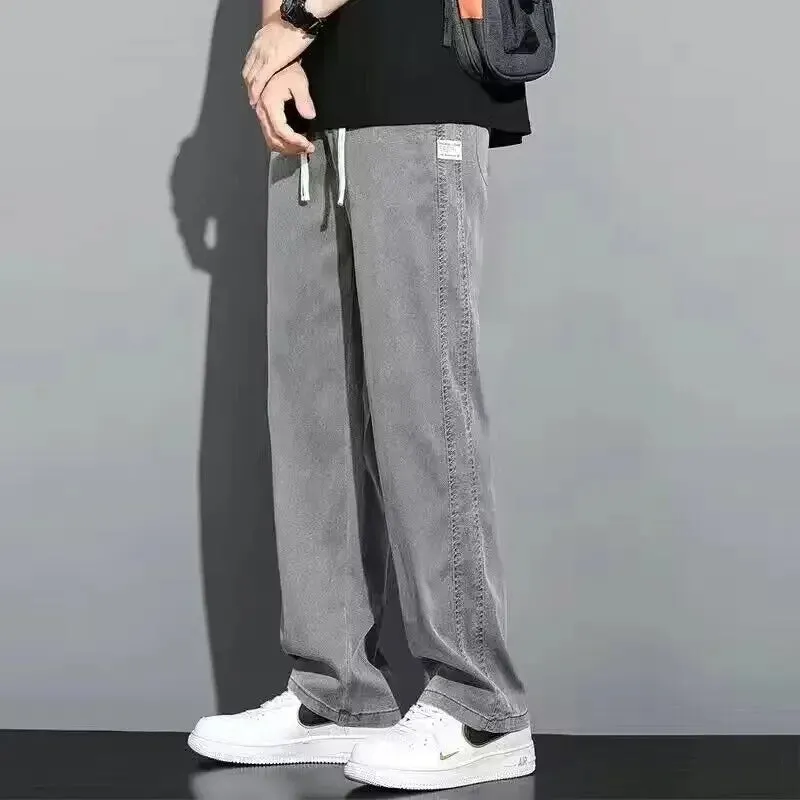 Xituodai S-5XL 6Style,Men's Loose Jeans Summer Soft Lyocell Thin Fabric Straight Pants Drawstring Elastic Waist Korea Casual Tro