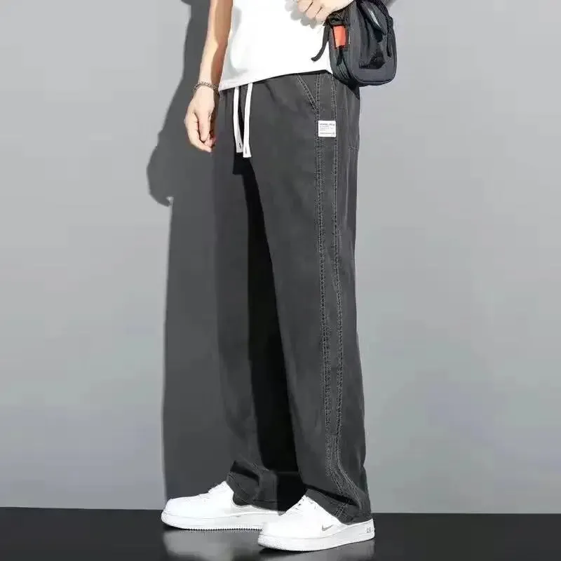 Xituodai S-5XL 6Style,Men's Loose Jeans Summer Soft Lyocell Thin Fabric Straight Pants Drawstring Elastic Waist Korea Casual Tro