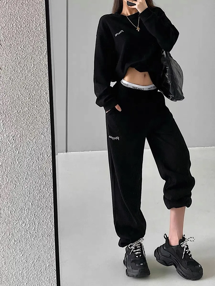 YoungGirlDay European and American loose slimming letter embroidered long-sleeved sweatshirt high-waisted casual sports trousers